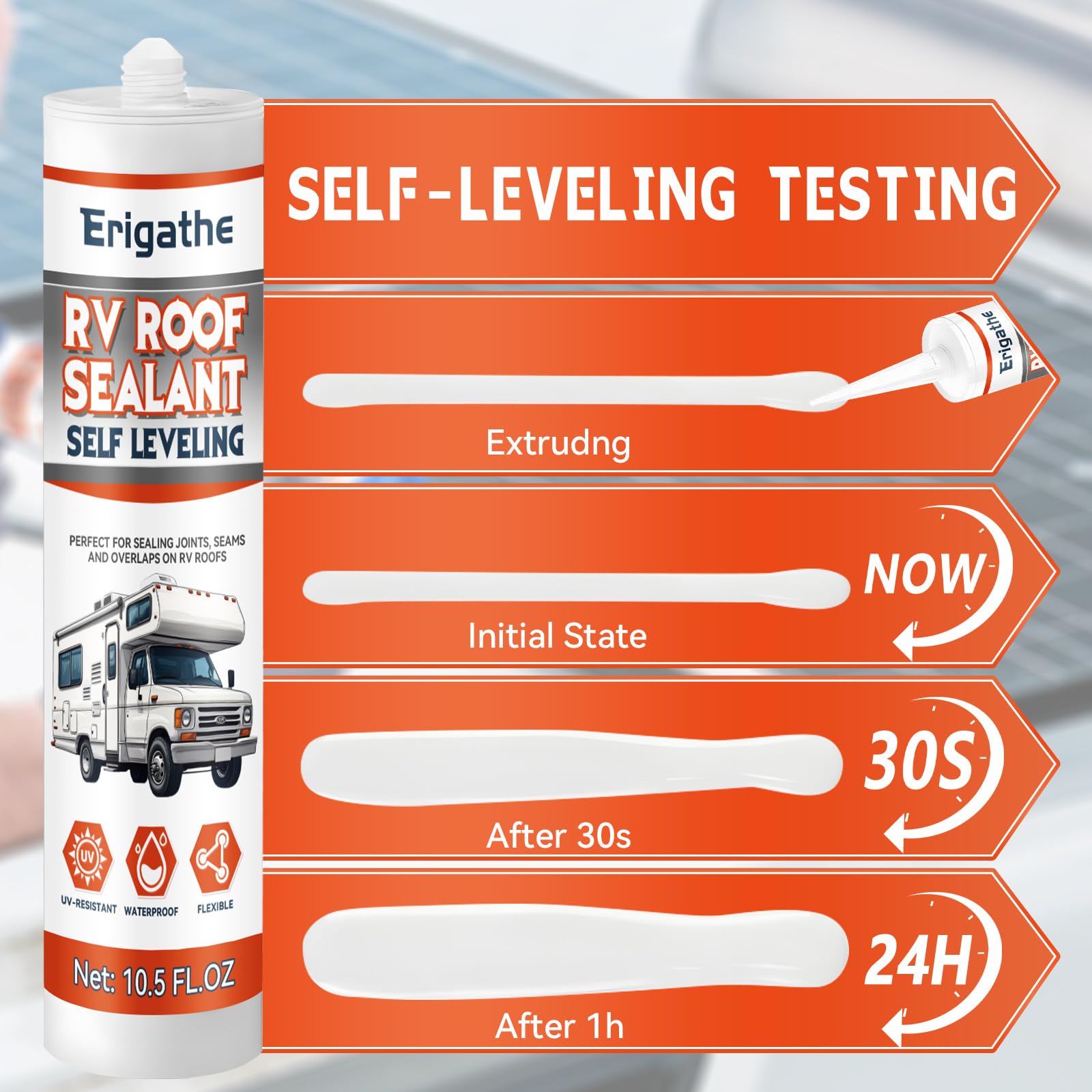 Erigathe Self-Leveling RV Roof Sealant, Lap Caulking for Camper & Trailer, Heavy-Duty Flex, Waterproof, 15 Min Set Time for Repa